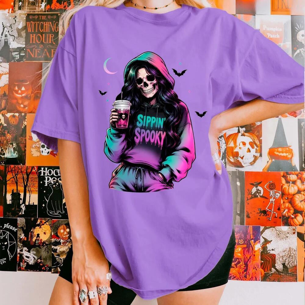 Neon Skeleton Halloween T-Shirt Sippin Spooky Pastel Goth